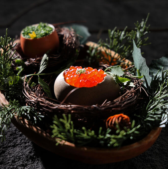 Salmon roe on a forest-inspired nest